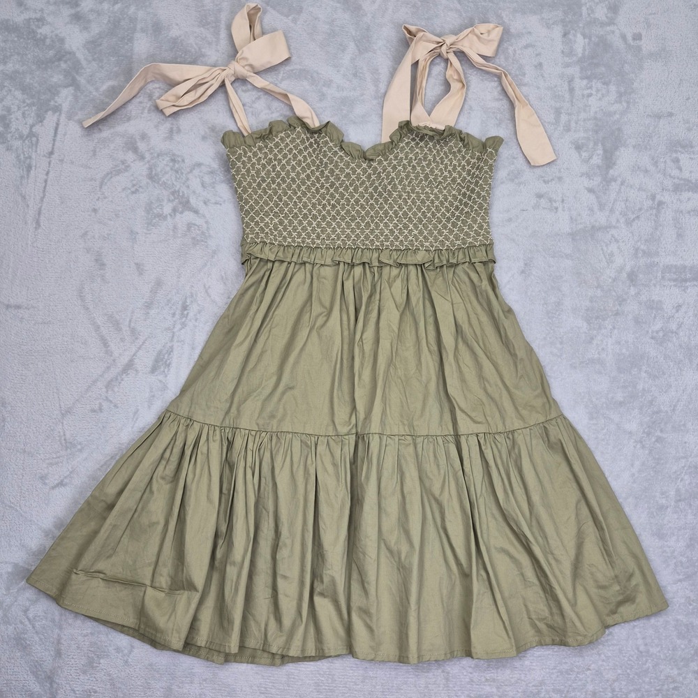 In The Beginning Olive Green Smocked Tiered Cotton Mini Dress Tie Bow Strap M